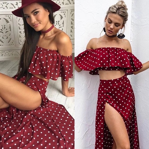 Off Shoulder Dotted Two Piece Set - Picture 2 of 6